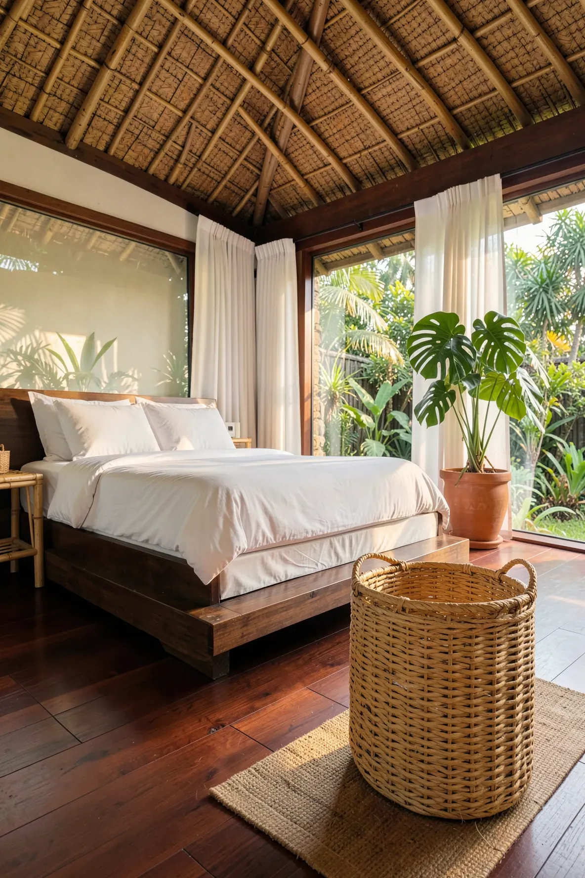 A stylish woven rattan wastepaper basket in the corner of a relaxing Balinese bedroom with bamboo furniture.