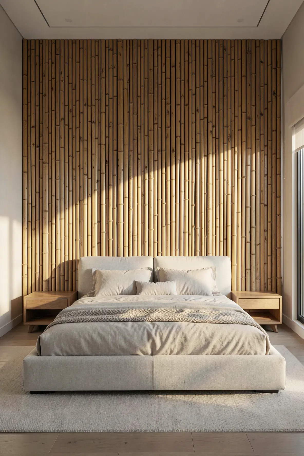 A modern bedroom featuring a textured accent wall made of vertical split bamboo poles behind a bed.
