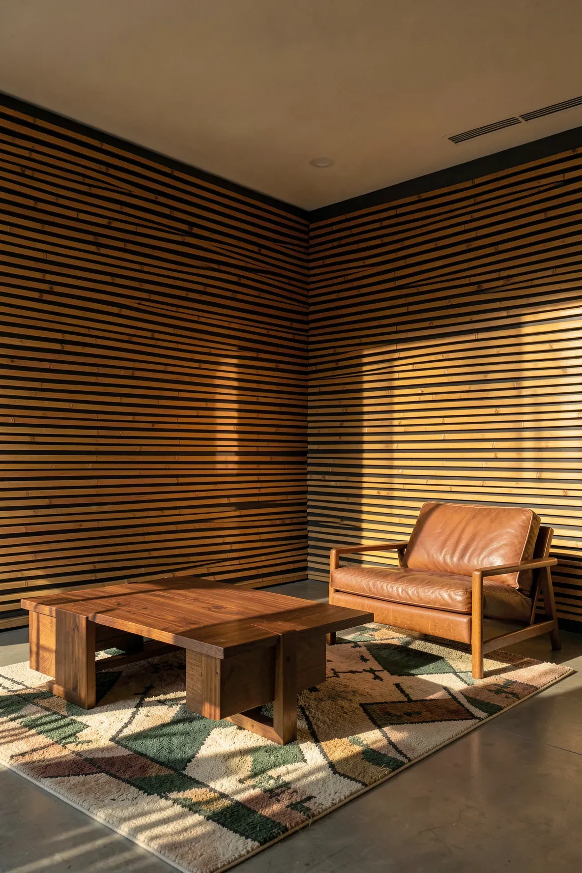 A mid-century modern room with horizontal bamboo slats covering the walls.
