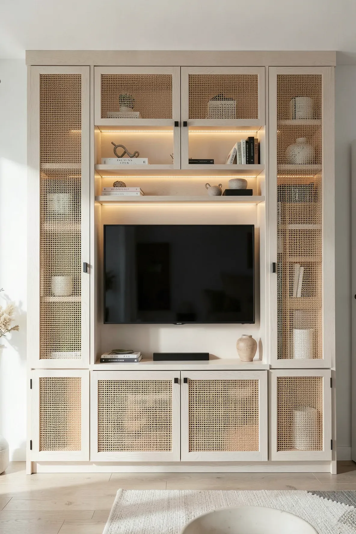 Custom wooden cabinetry featuring woven rattan bamboo inserts on the door panels.