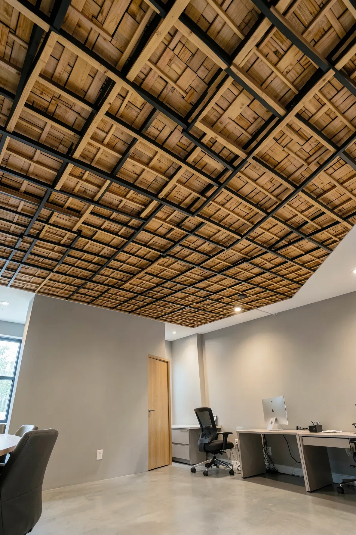 An elegant office ceiling featuring a grid of warm bamboo panels and recessed lighting.
