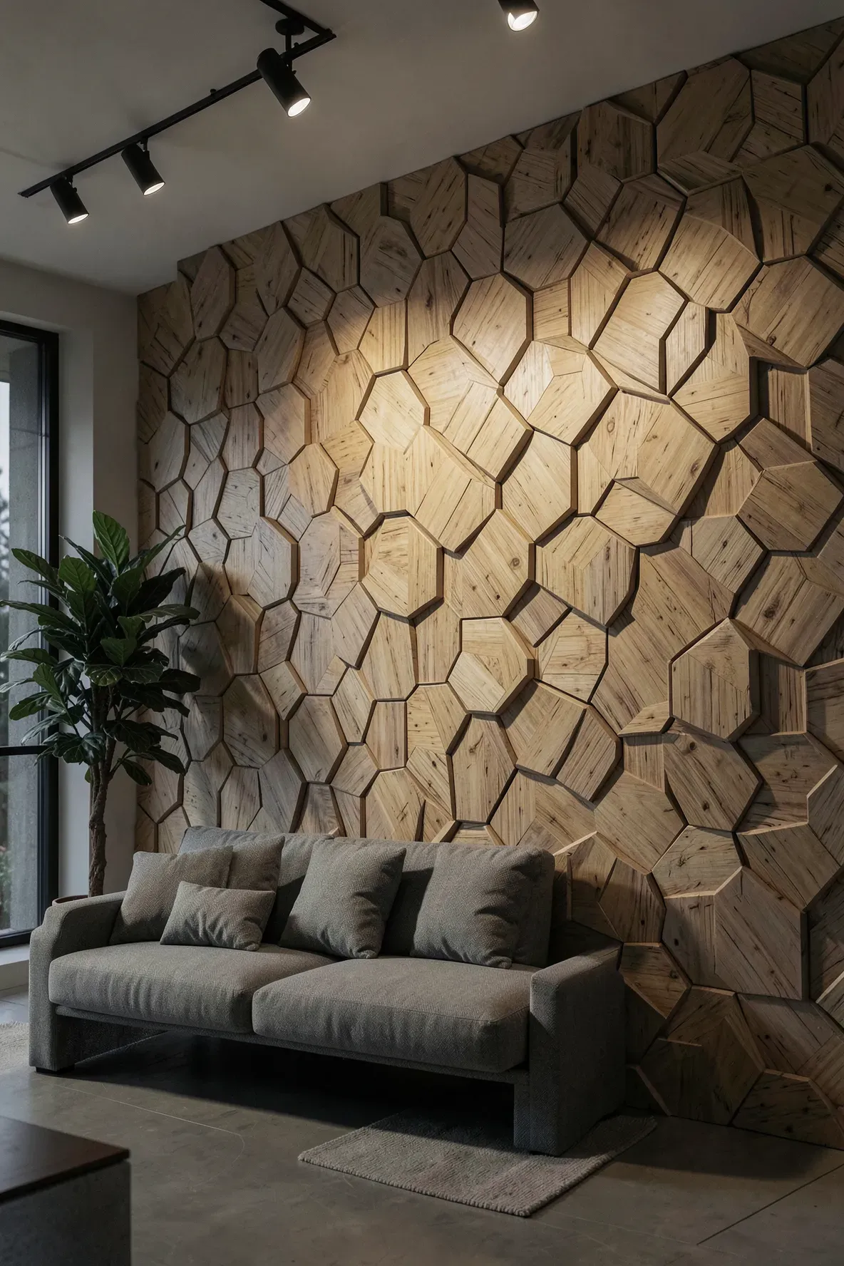 A living room accent wall featuring a 3D hexagonal pattern made of natural bamboo fibers.