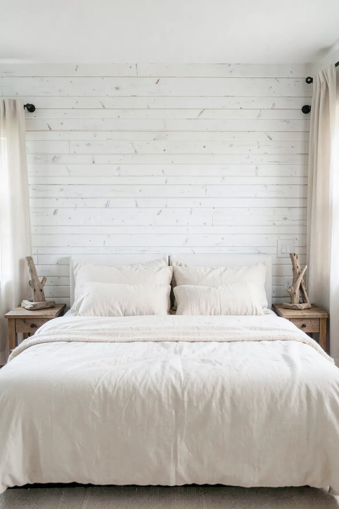 A bright coastal bedroom with whitewashed bamboo wall panels and soft blue accents.