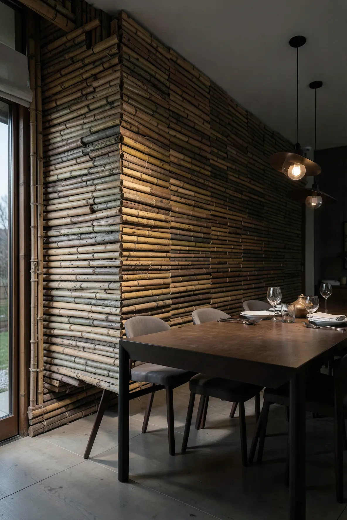 A textured feature wall made of bamboo strips with different thicknesses and widths.