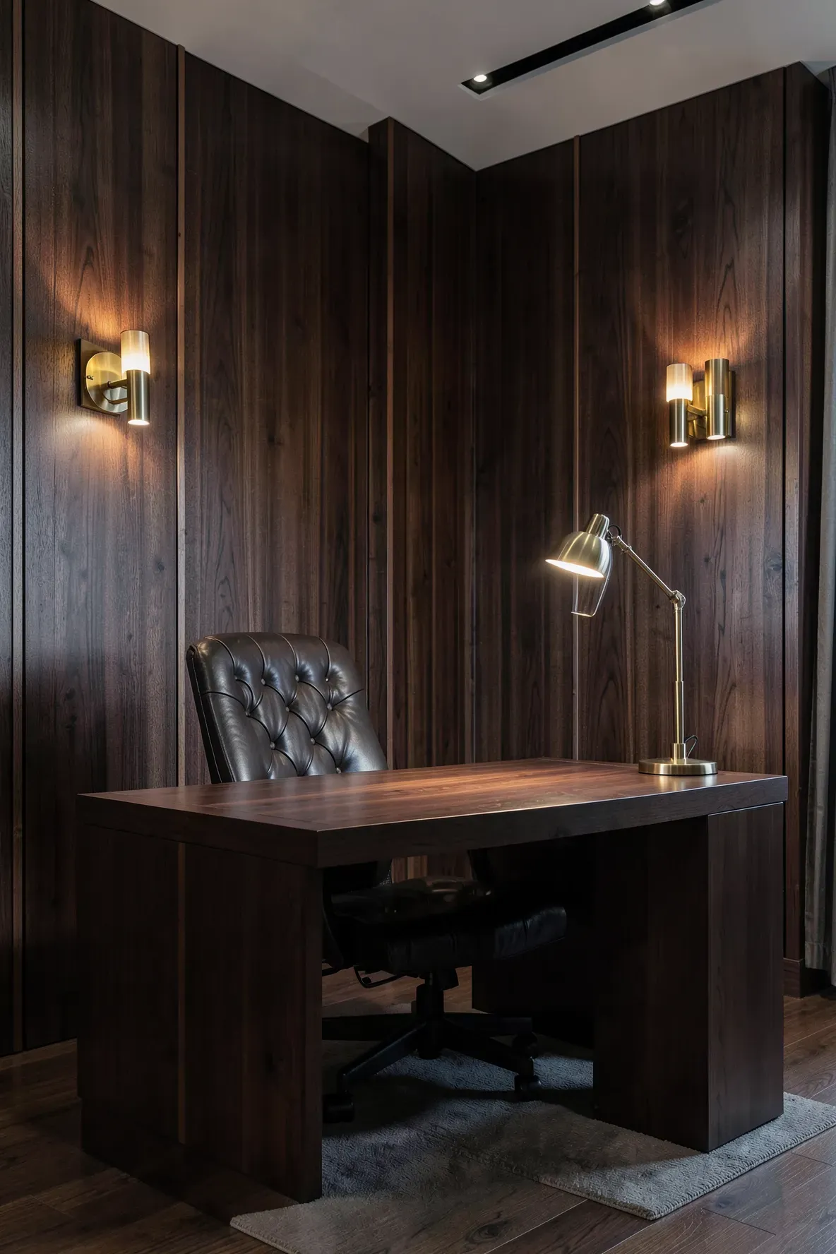 A luxury home office with dark walnut stained bamboo wall panels and a leather chair.