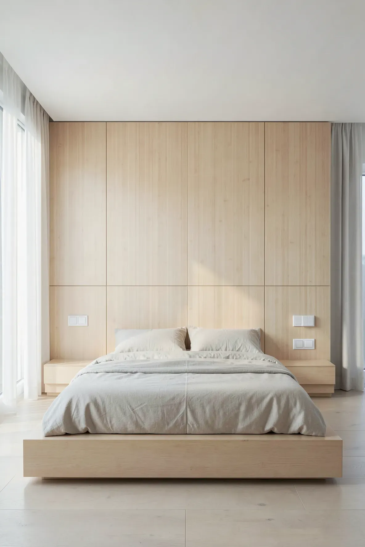 A minimalist bedroom with seamless light-toned bamboo veneer wall panels.