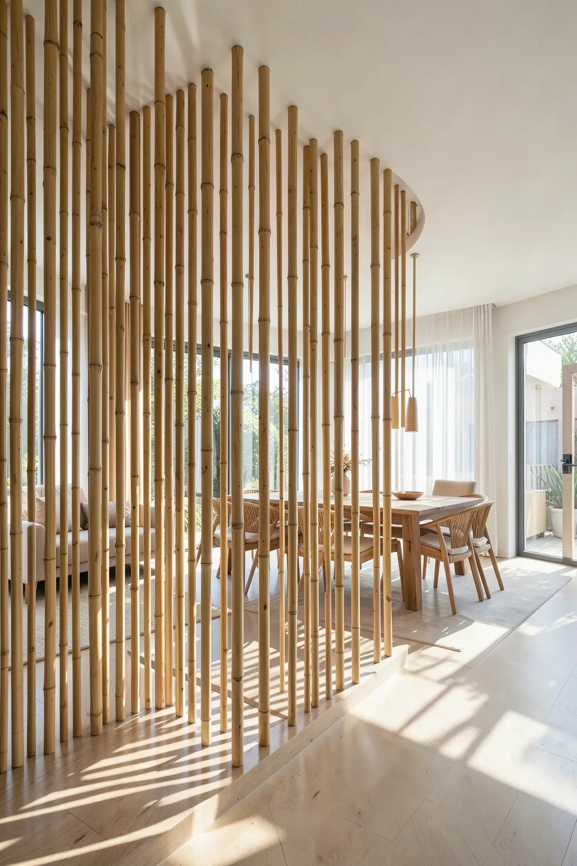 A vertical bamboo slat partition dividing a bright, open-plan living and dining room.