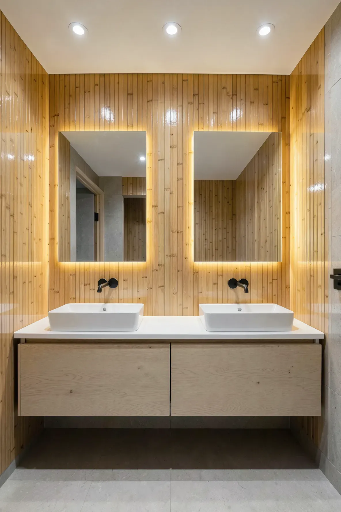 A luxury bathroom with glossy varnished bamboo wall panels behind a modern white double vanity.