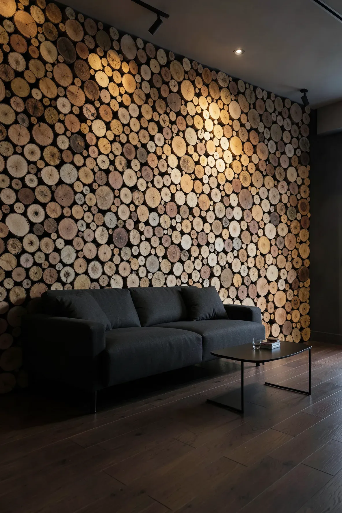 A feature wall made of thousands of bamboo pole cross-sections creating a honeycomb mosaic pattern.