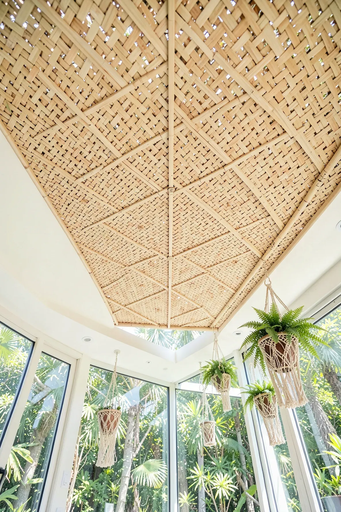 A sunroom with a decorative woven bamboo ceiling in a checkerboard basket-weave pattern.