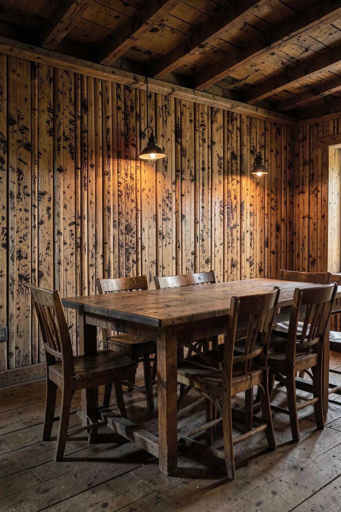 Rustic room with hand-scraped, distressed bamboo wall panels featuring a vintage textured finish.
