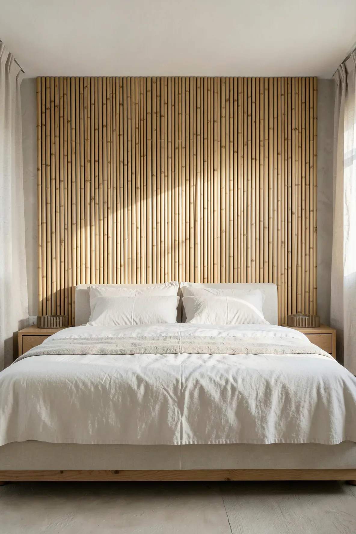 Minimalist bedroom with a wall-mounted headboard made of vertical natural bamboo slats.