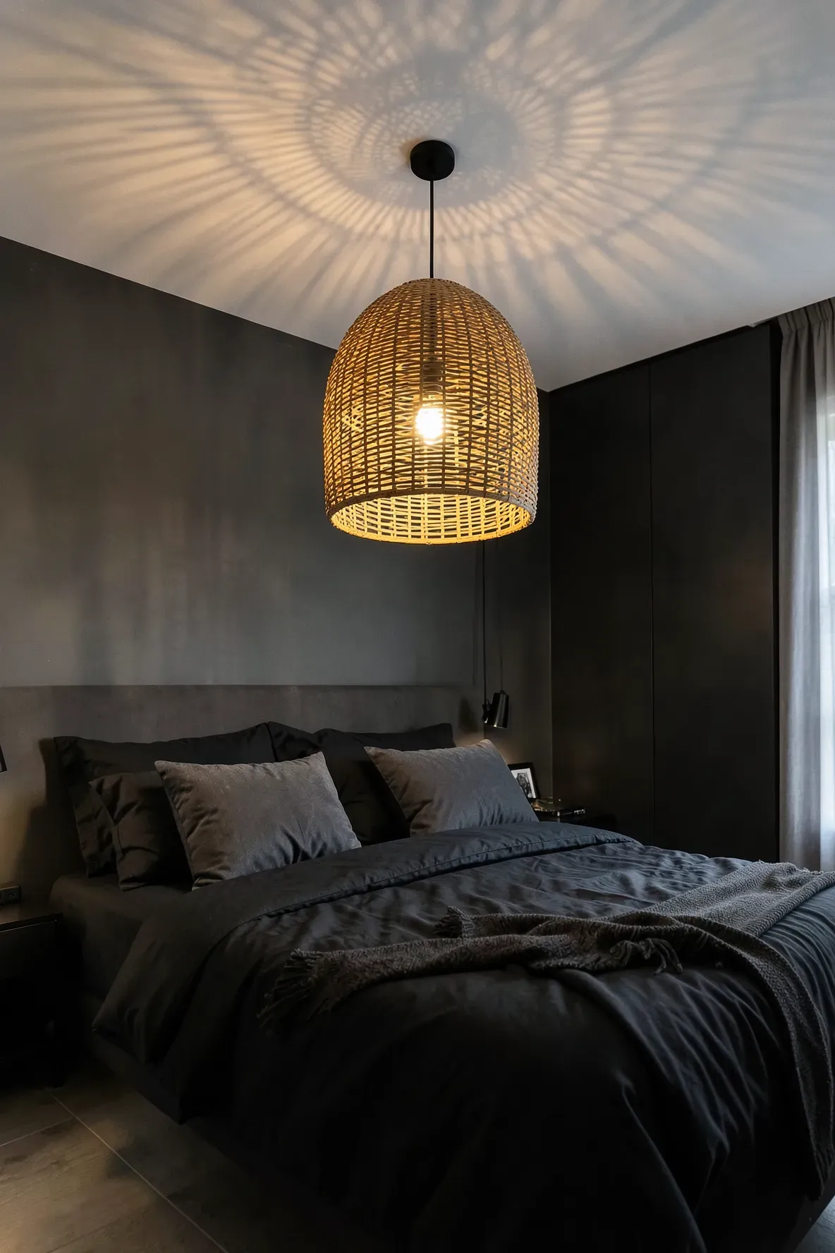 A woven bamboo light fixture hanging above a bed with dark black and charcoal linens.