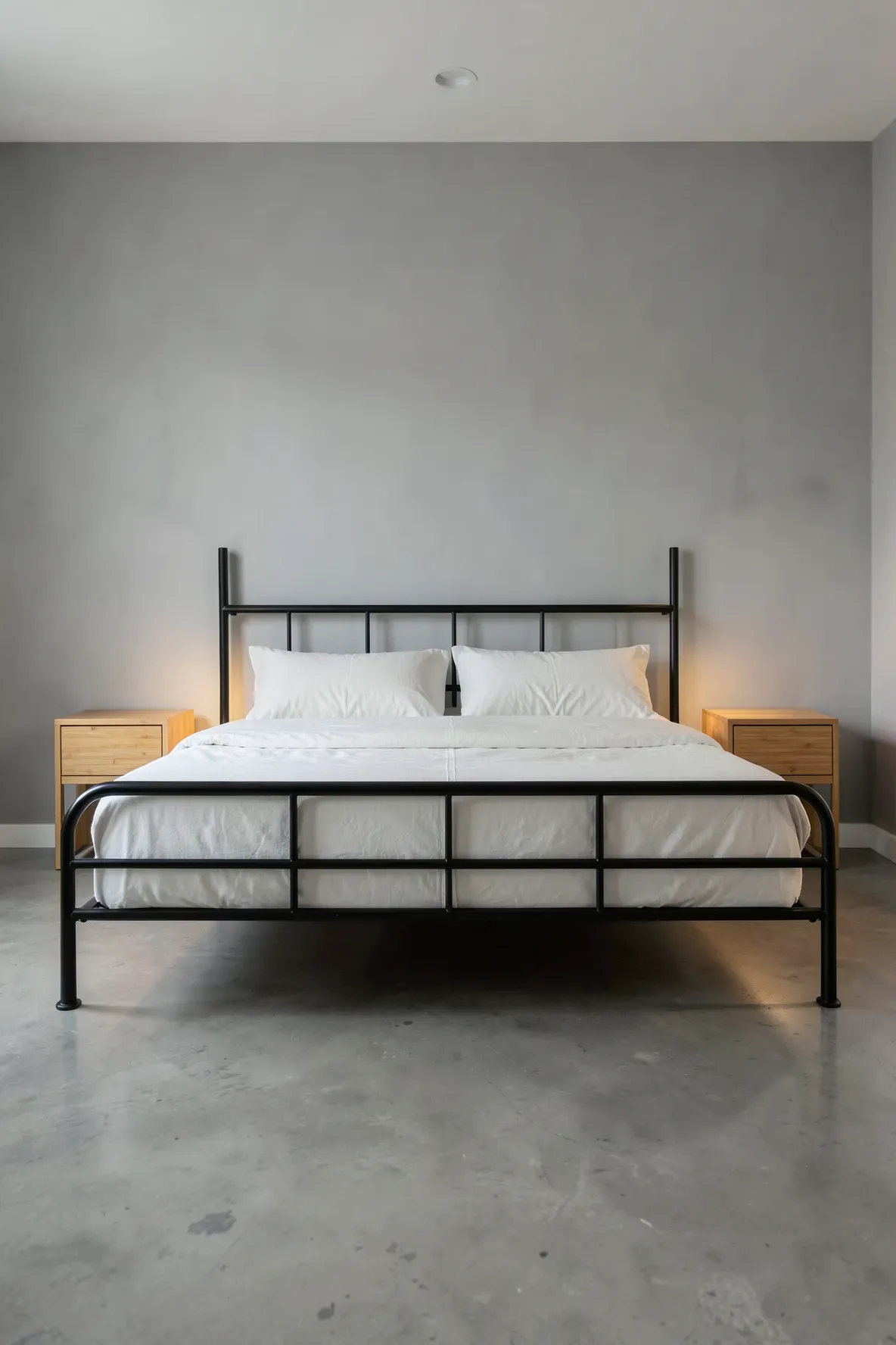 A black metal bed frame flanked by light bamboo nightstands in a modern bedroom.