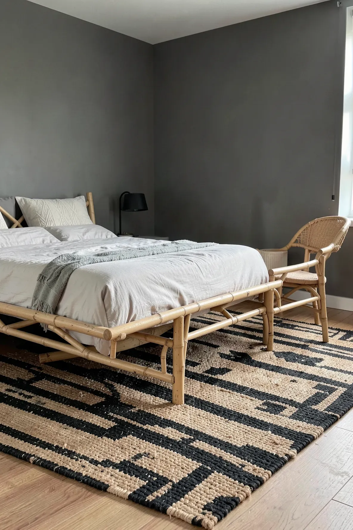A black and tan striped rug under bamboo furniture in a modern bedroom.