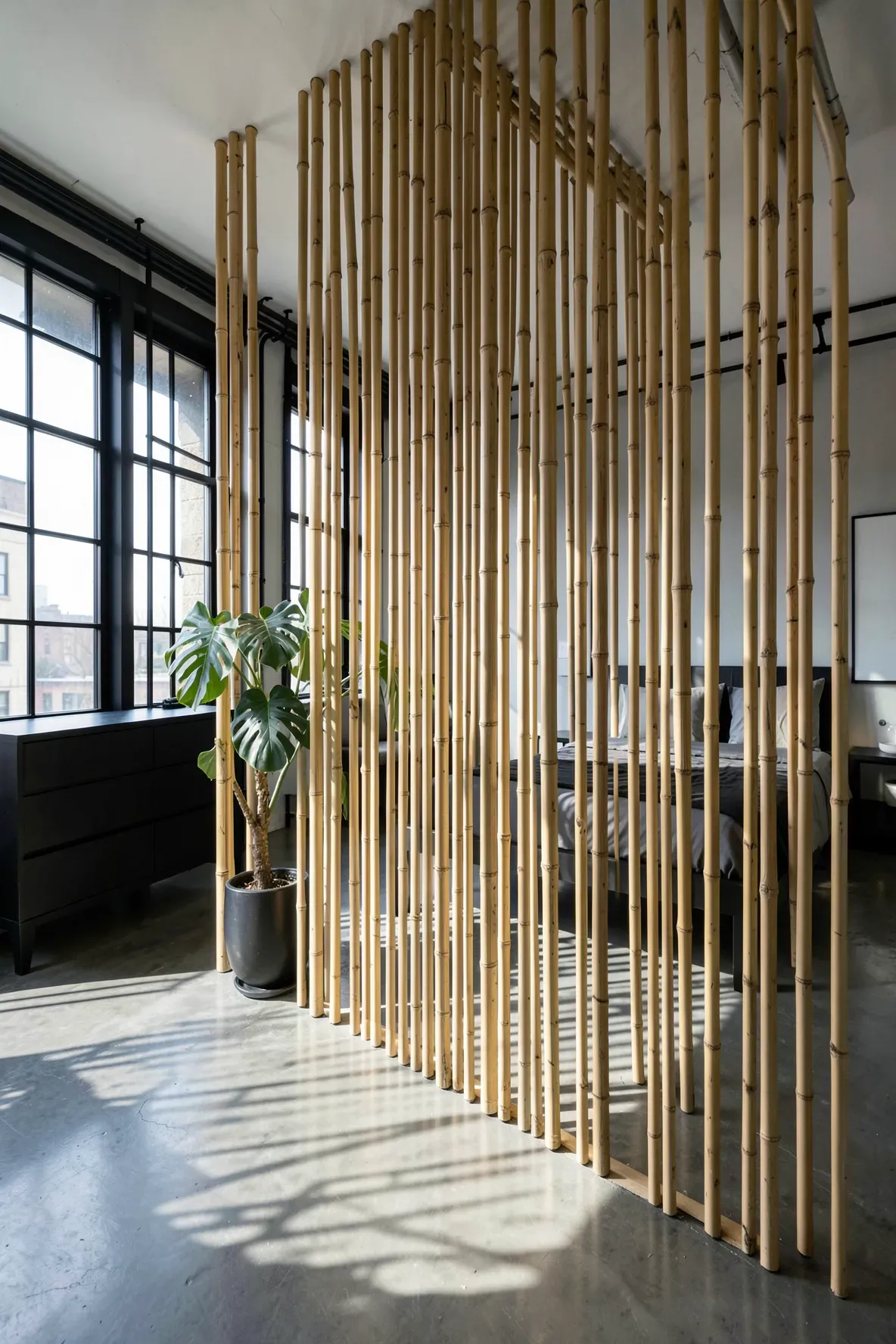 A tall bamboo pole screen dividing a modern bedroom with black furniture and neutral walls.