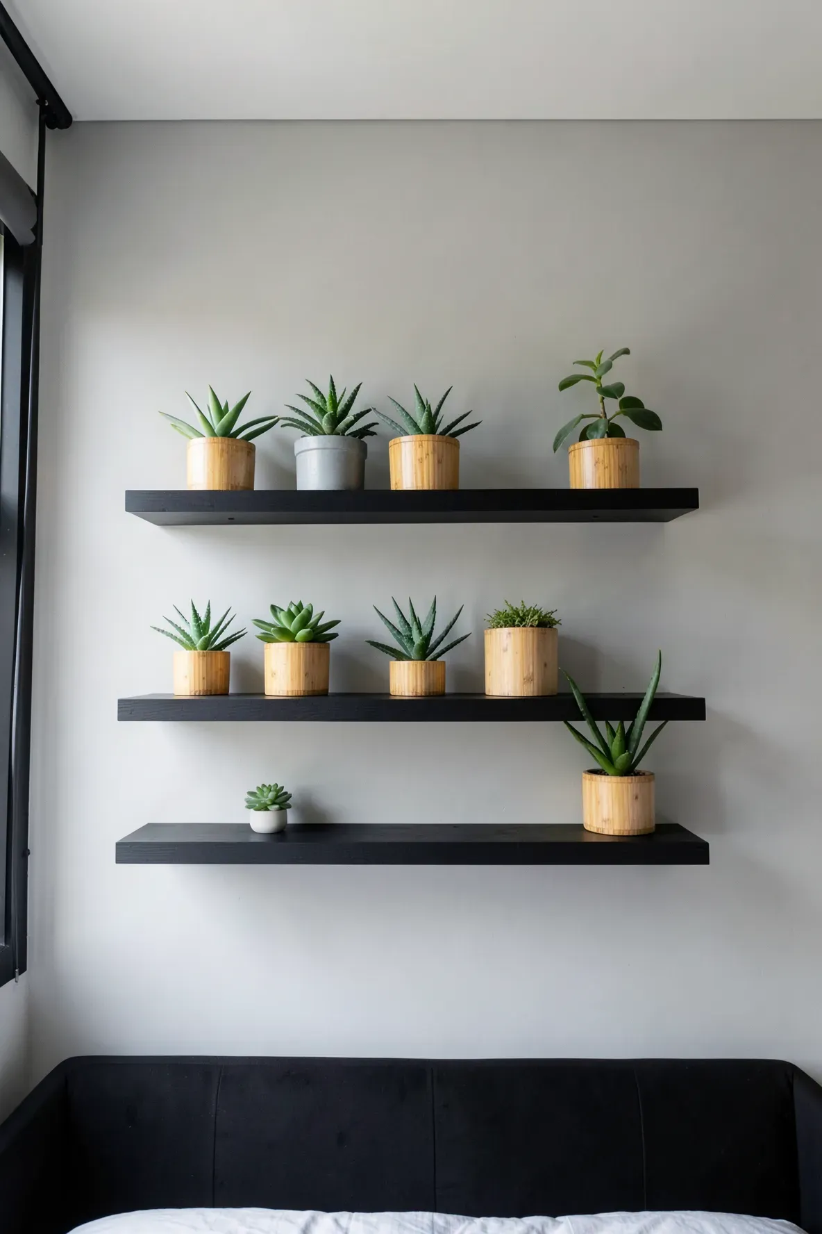 Black floating shelves on a gray wall holding small bamboo planters with green succulents.