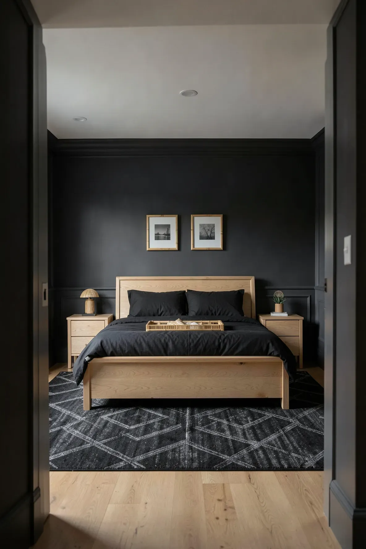 A bedroom with charcoal gray walls, light oak furniture, and natural bamboo decorative accents.