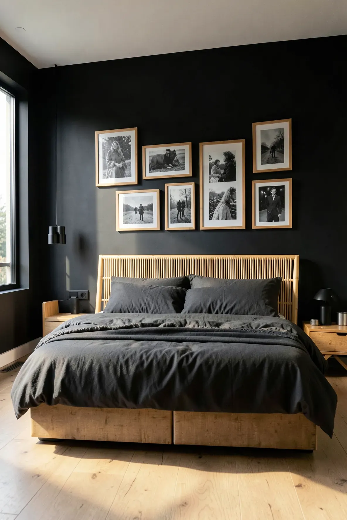 A modern black bedroom featuring black and white art in natural wood frames above a bamboo bed.