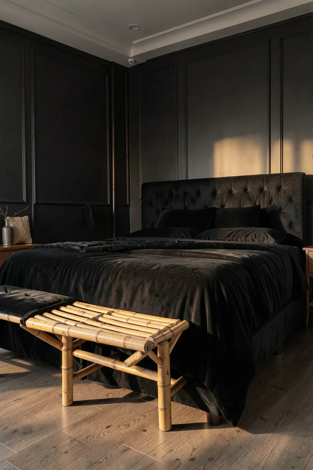 A black velvet bed with a natural bamboo bench at the foot in a stylish, modern bedroom.