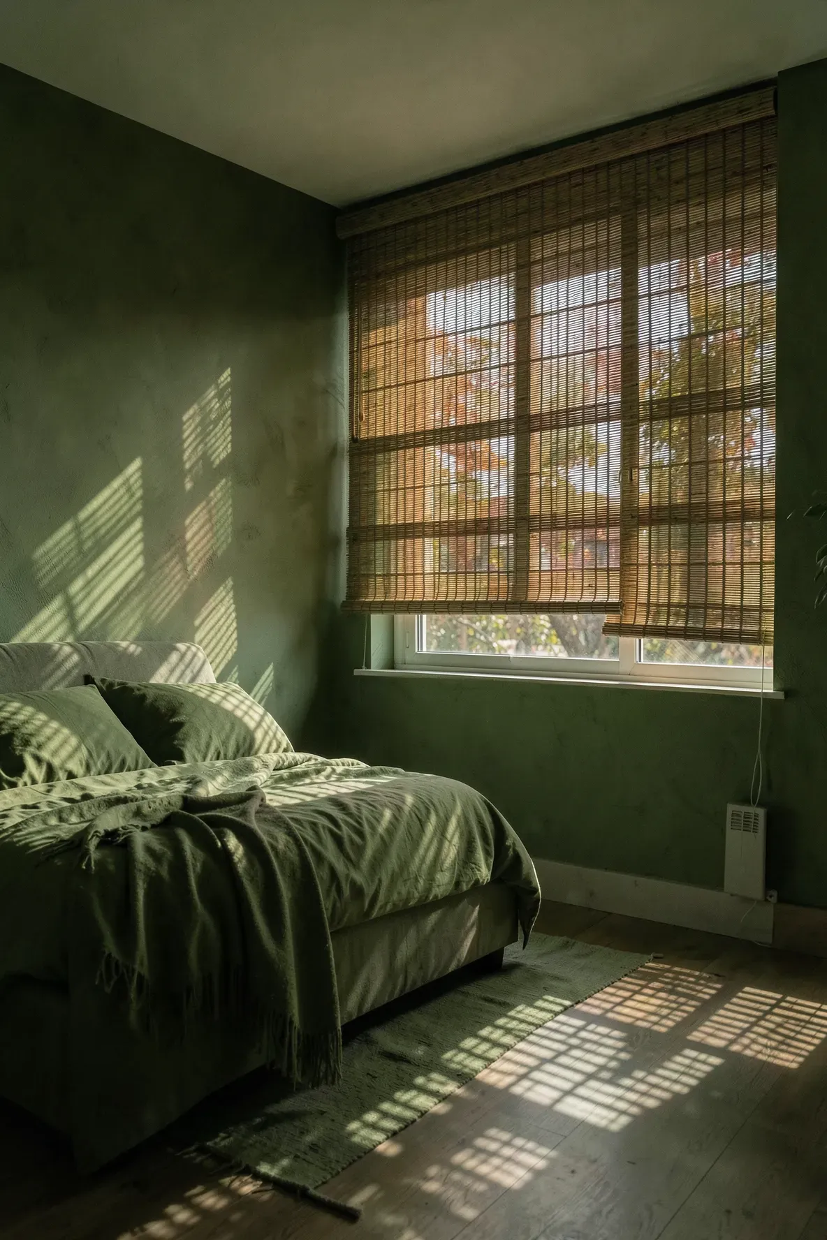 Sunlight filtering through woven bamboo shades in a deep green bedroom, creating patterned shadows.