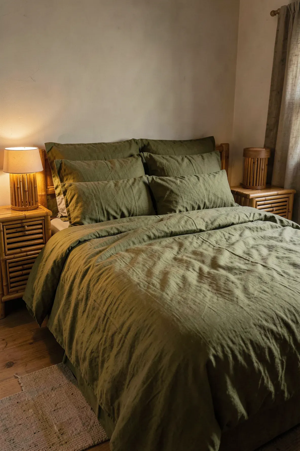 Olive green linen bedding on a bed flanked by two warm-toned bamboo nightstands in a cozy room.