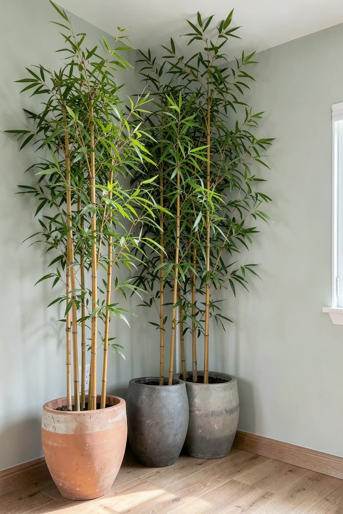 Tall green bamboo plants in ceramic pots placed in the corner of a bright, earthy bedroom.