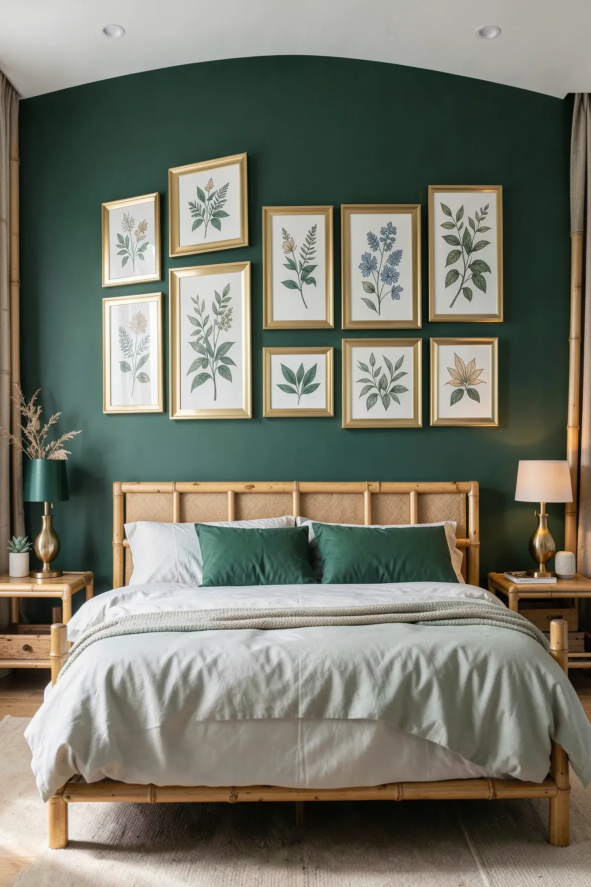 Brushed gold picture frames on an emerald green wall in a bedroom with bamboo furniture.