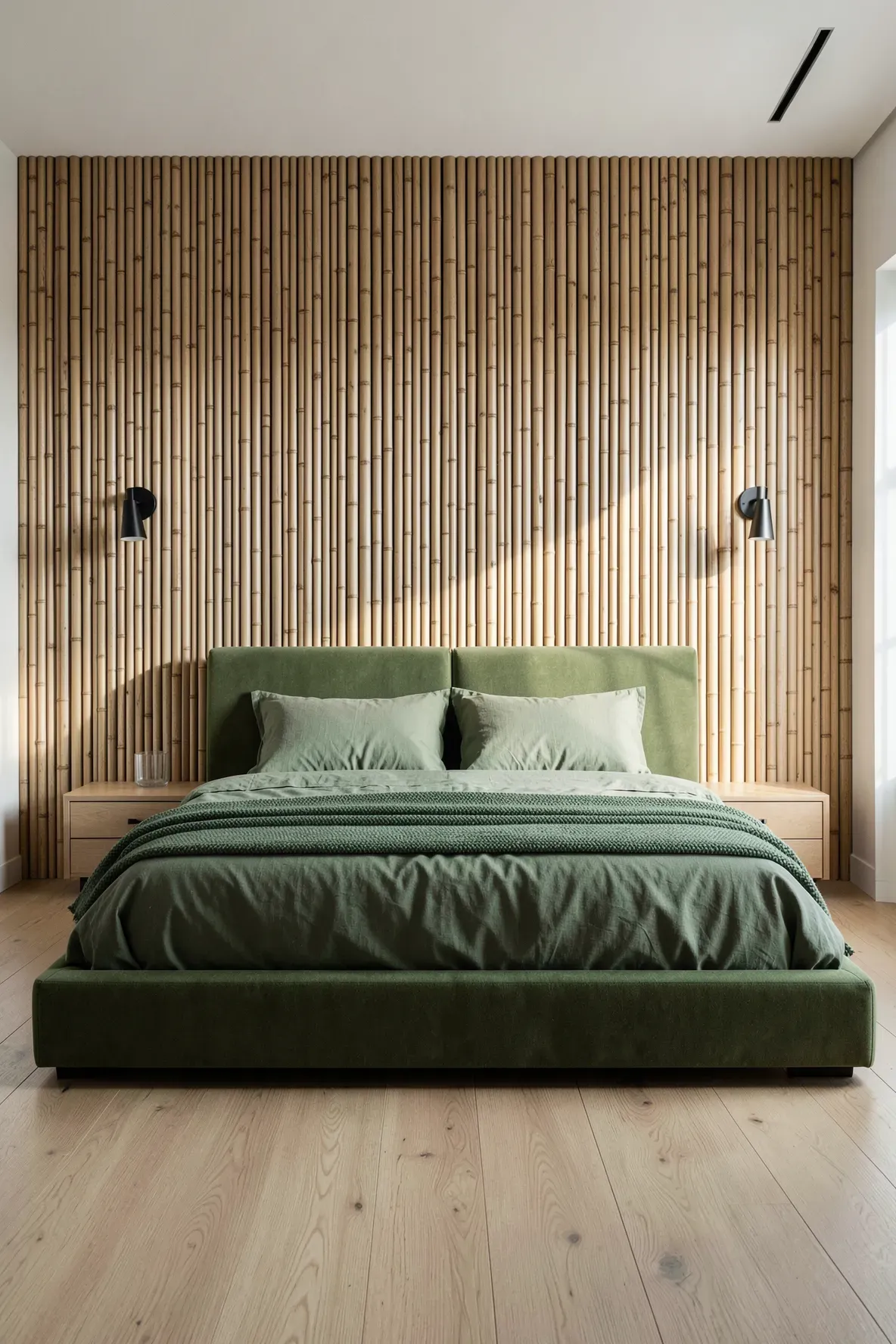 A bedroom featuring vertical bamboo slat wall panels behind a bed with moss green bedding.