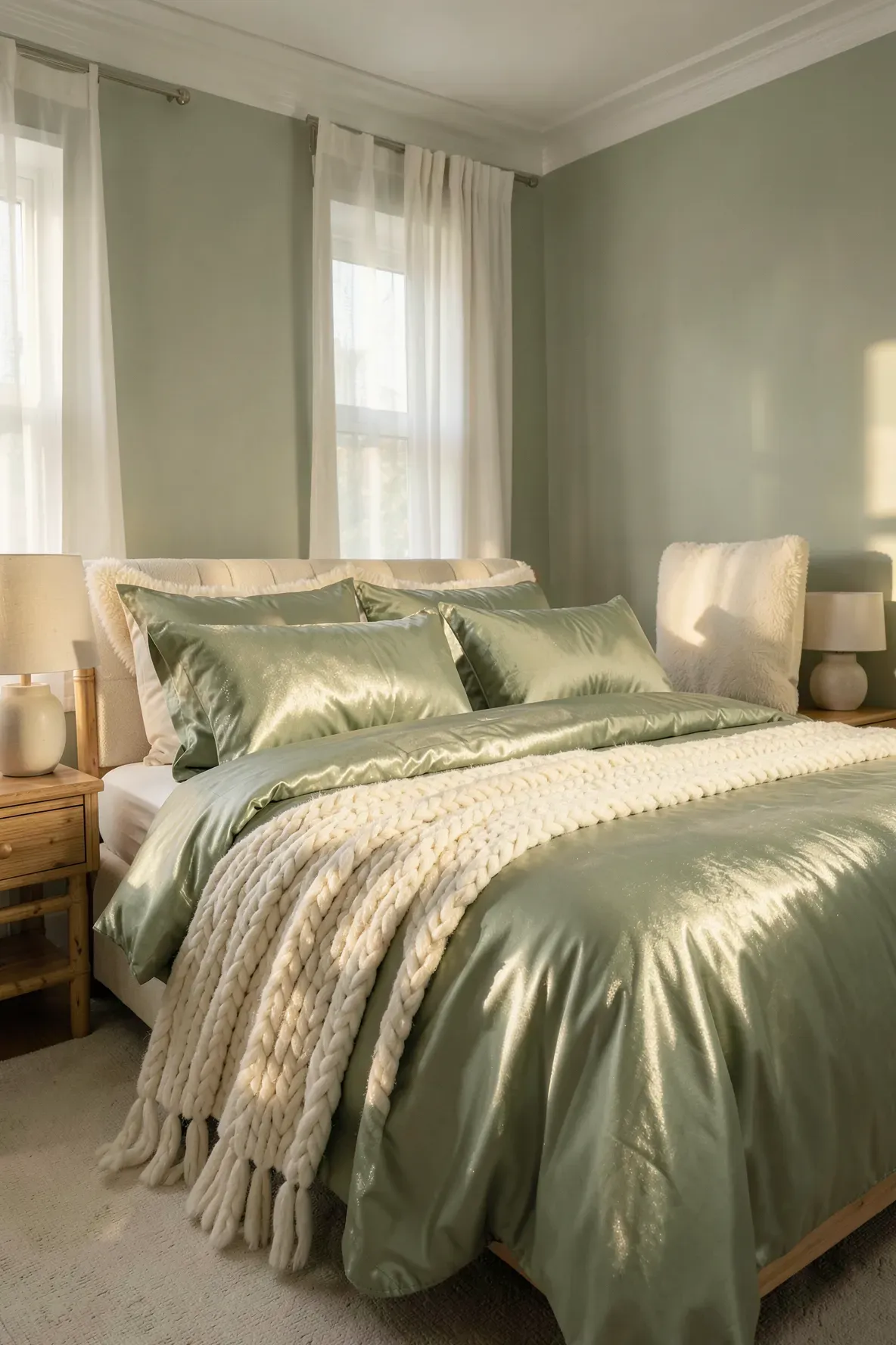 A layered bed with a sage green bamboo silk duvet and a chunky cream wool blanket.