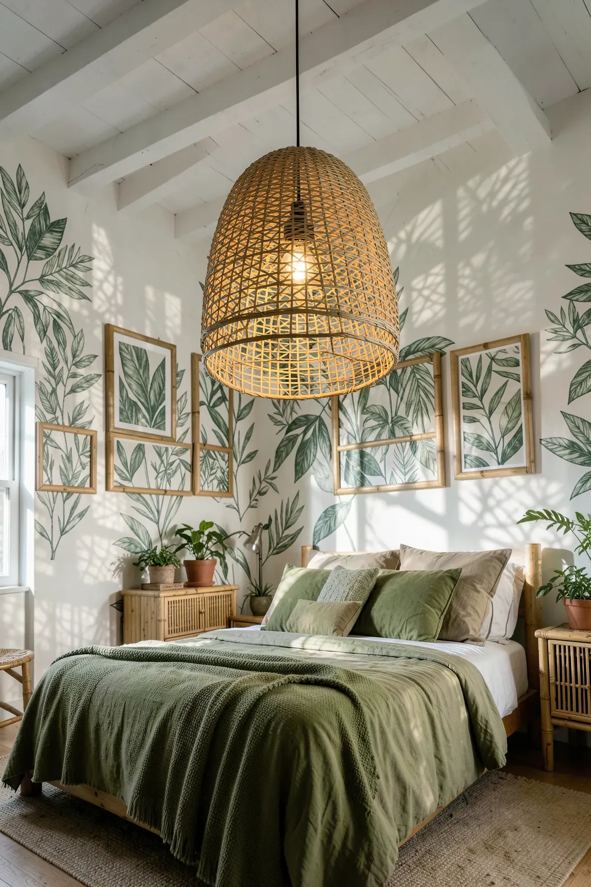 A large woven bamboo pendant light hanging over a bed with olive green accents.