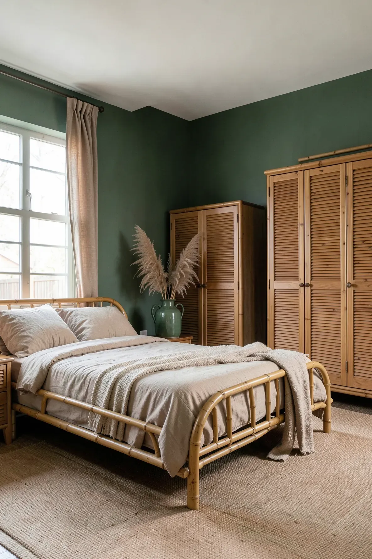 A bedroom with forest green walls, tan carpeting, and golden bamboo furniture.