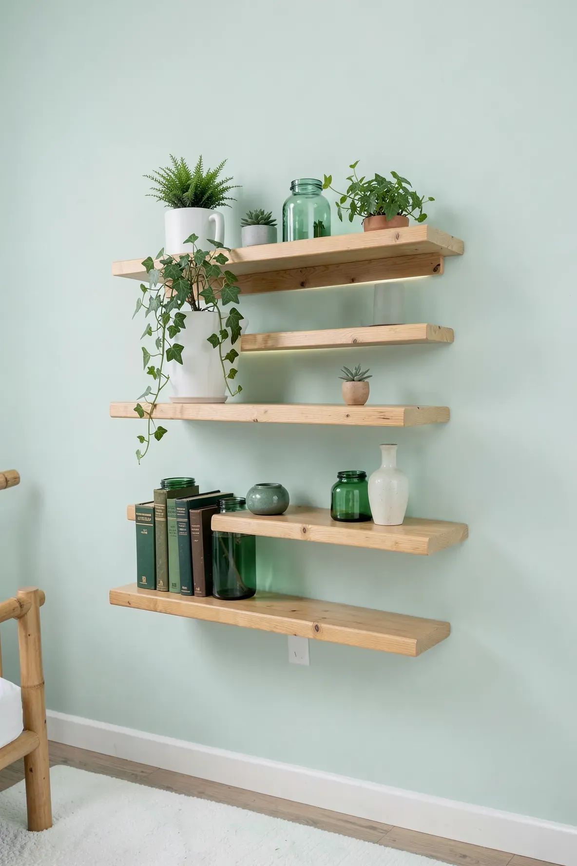 Floating bamboo shelves on a mint green wall holding green glass jars and small plants.