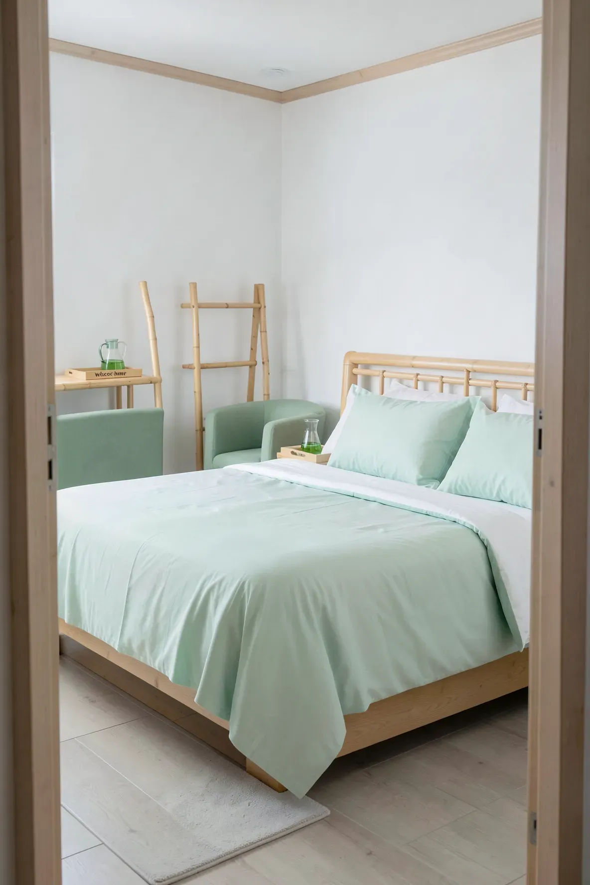 A guest bed made with soft seafoam green bamboo fiber sheets and a bamboo headboard.