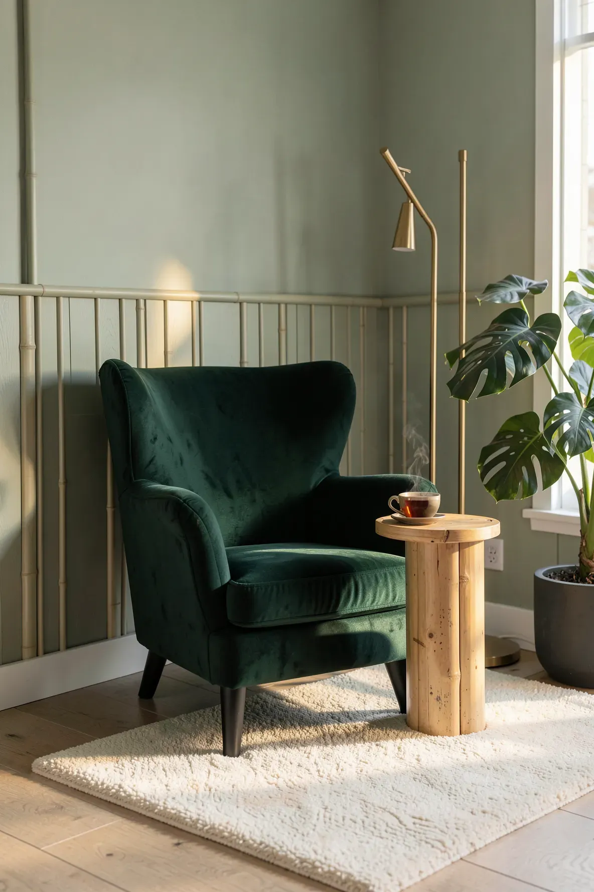 A dark emerald velvet armchair next to a bamboo side table in a serene green bedroom.