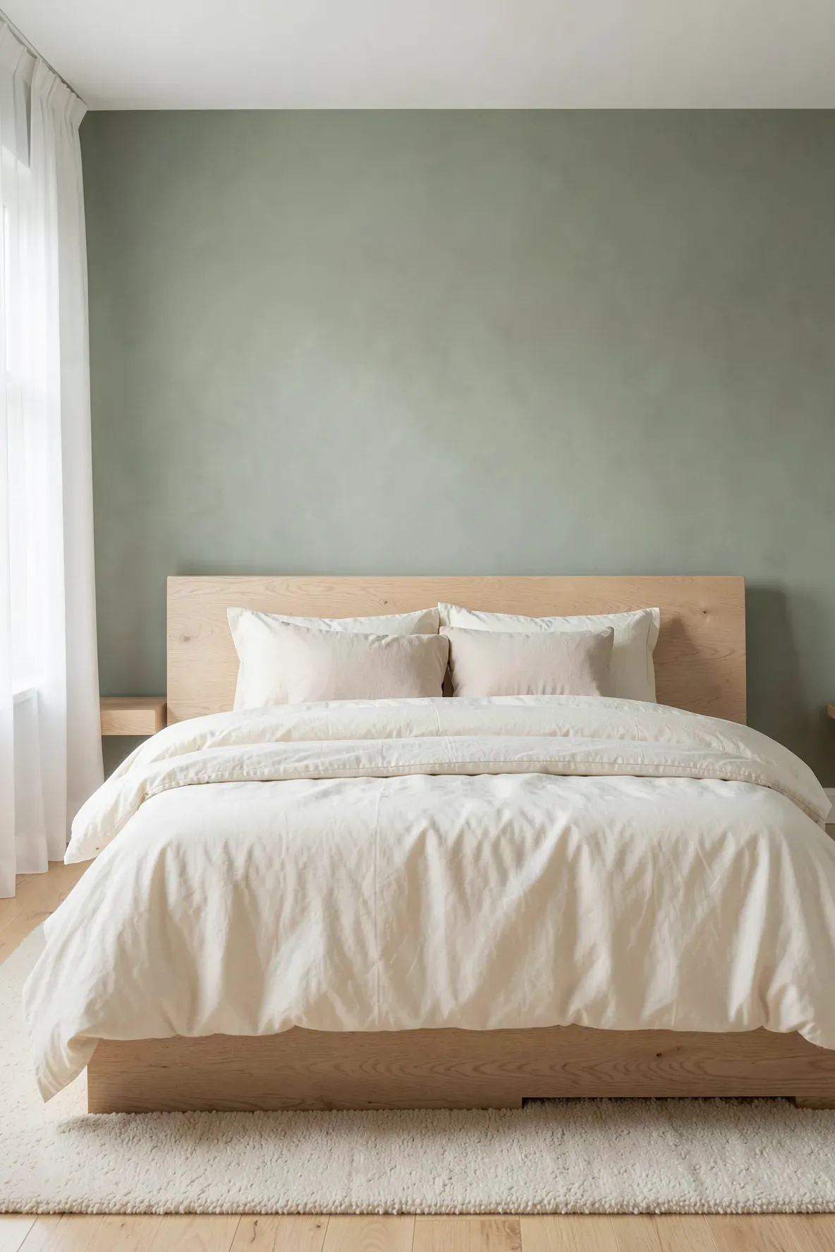 A bedroom with a muted sage green accent wall, a light birch headboard, and cream-colored bedding in natural light.