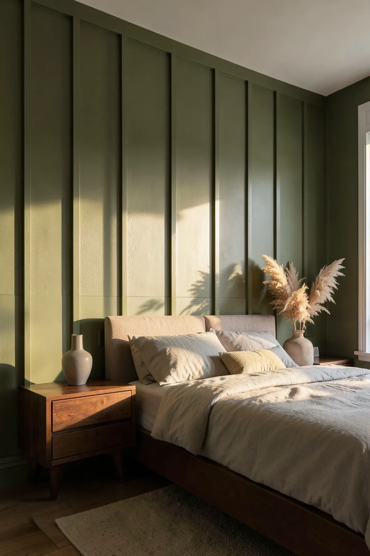 Olive green board and batten panelling on a bedroom wall with mid-century modern furniture and sunset light.