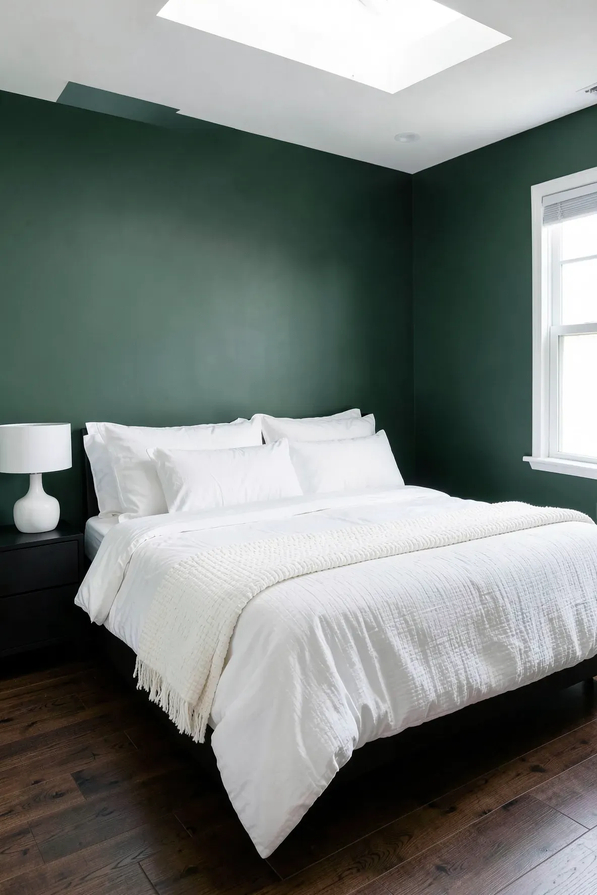 A matte forest green bedroom wall contrasted with bright white bedding and dark wood floors.