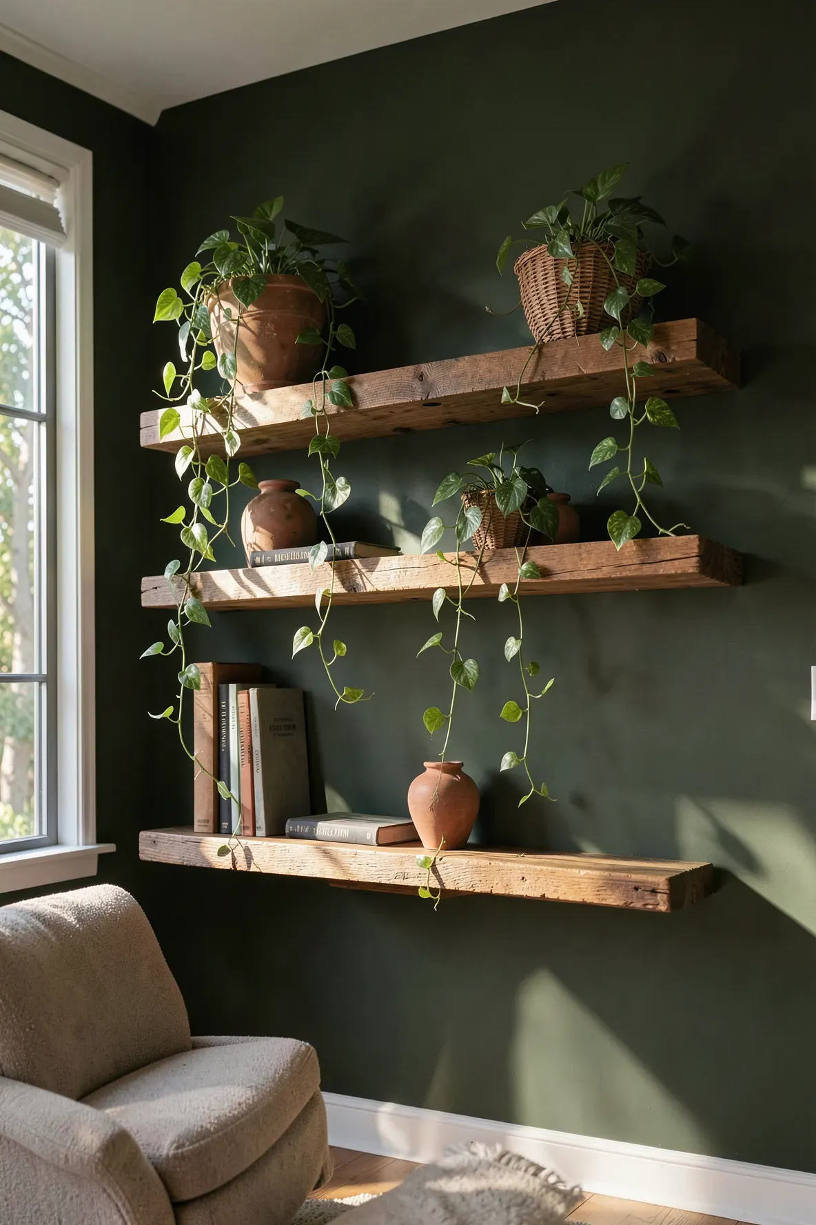 A dark moss green bedroom wall with oak floating shelves and cascading green plants.