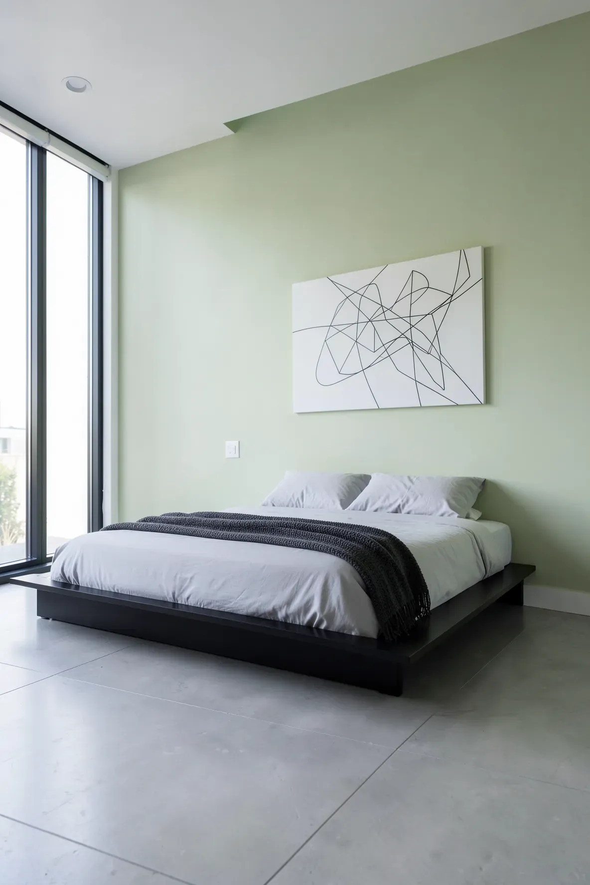 A pale pistachio green accent wall behind a minimalist platform bed in a modern, clean bedroom.