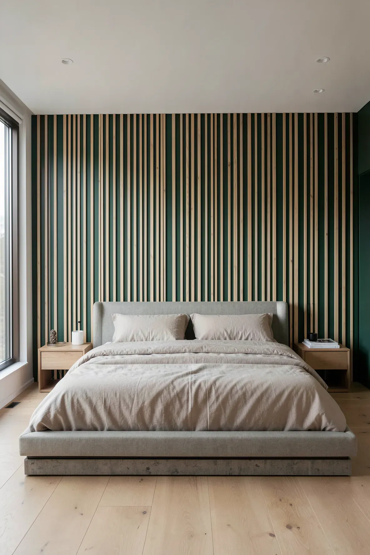 A modern bedroom with a dark green wall covered in vertical pine wood slats behind a platform bed.