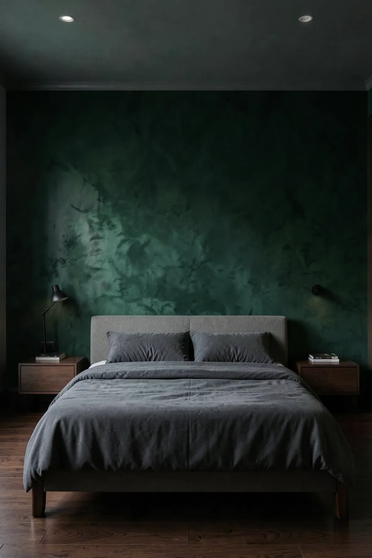 A bedroom with a dark emerald green wall featuring a soft, velvet-like textured paint finish.