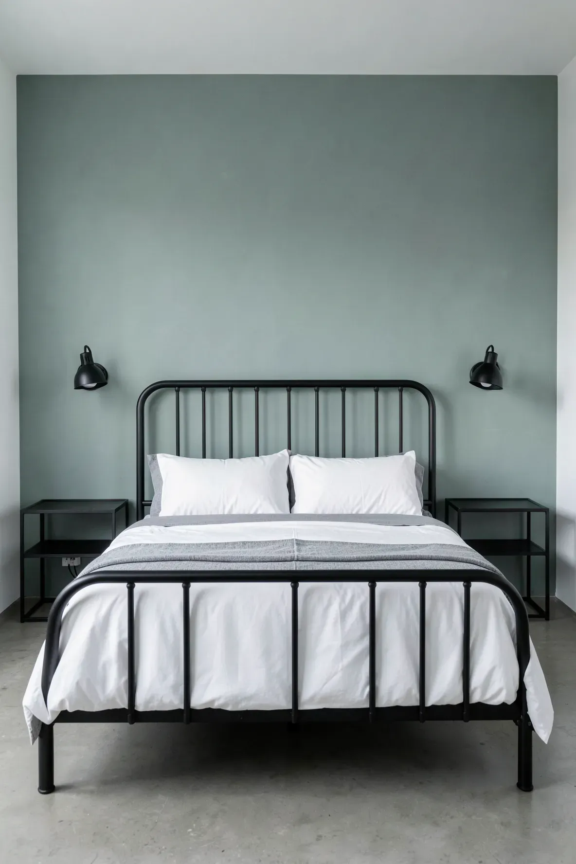 A dusty seafoam green bedroom wall behind a black metal bed frame and industrial lamps.