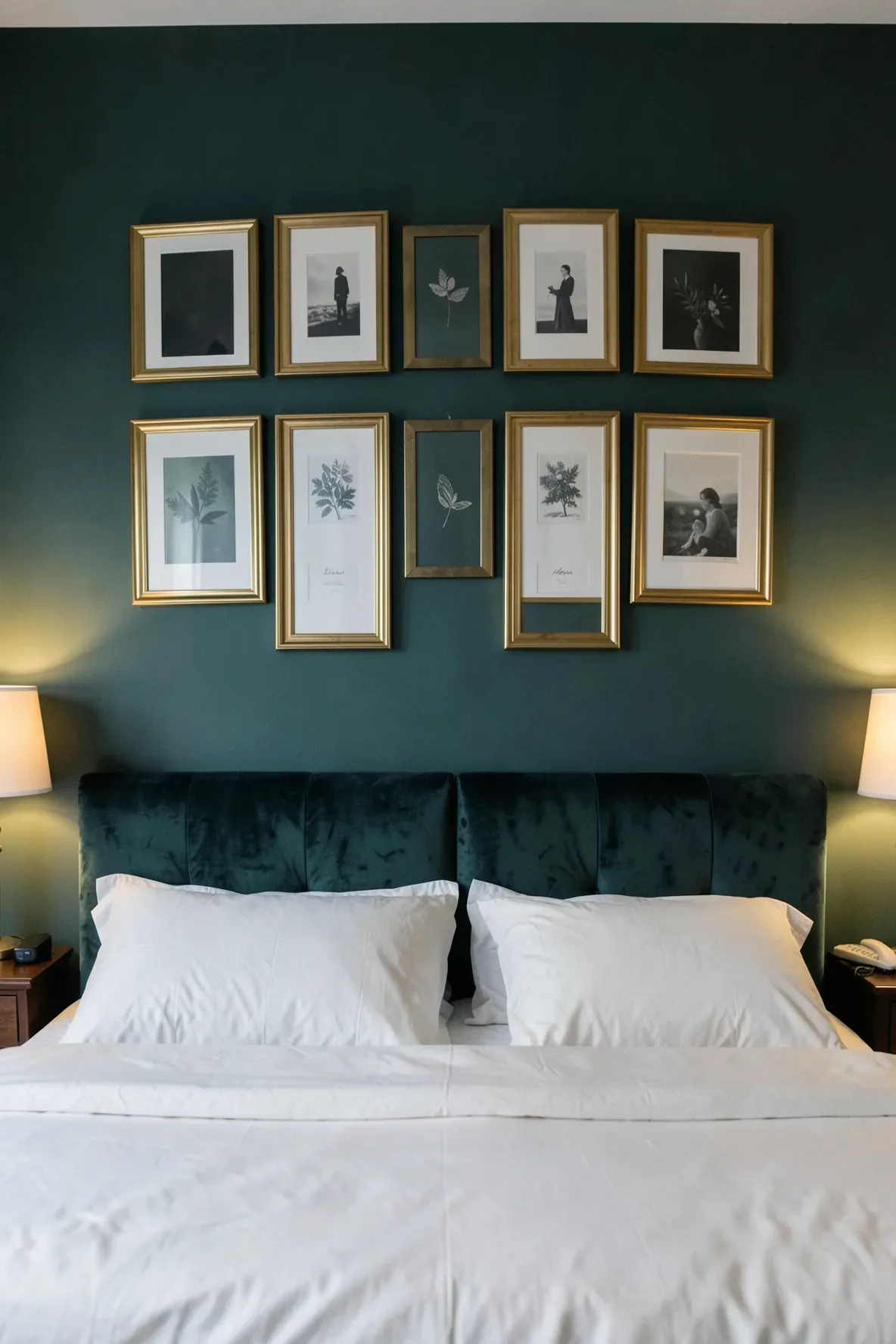 A moody juniper green bedroom wall featuring a symmetrical grid of gold-toned brass frames.