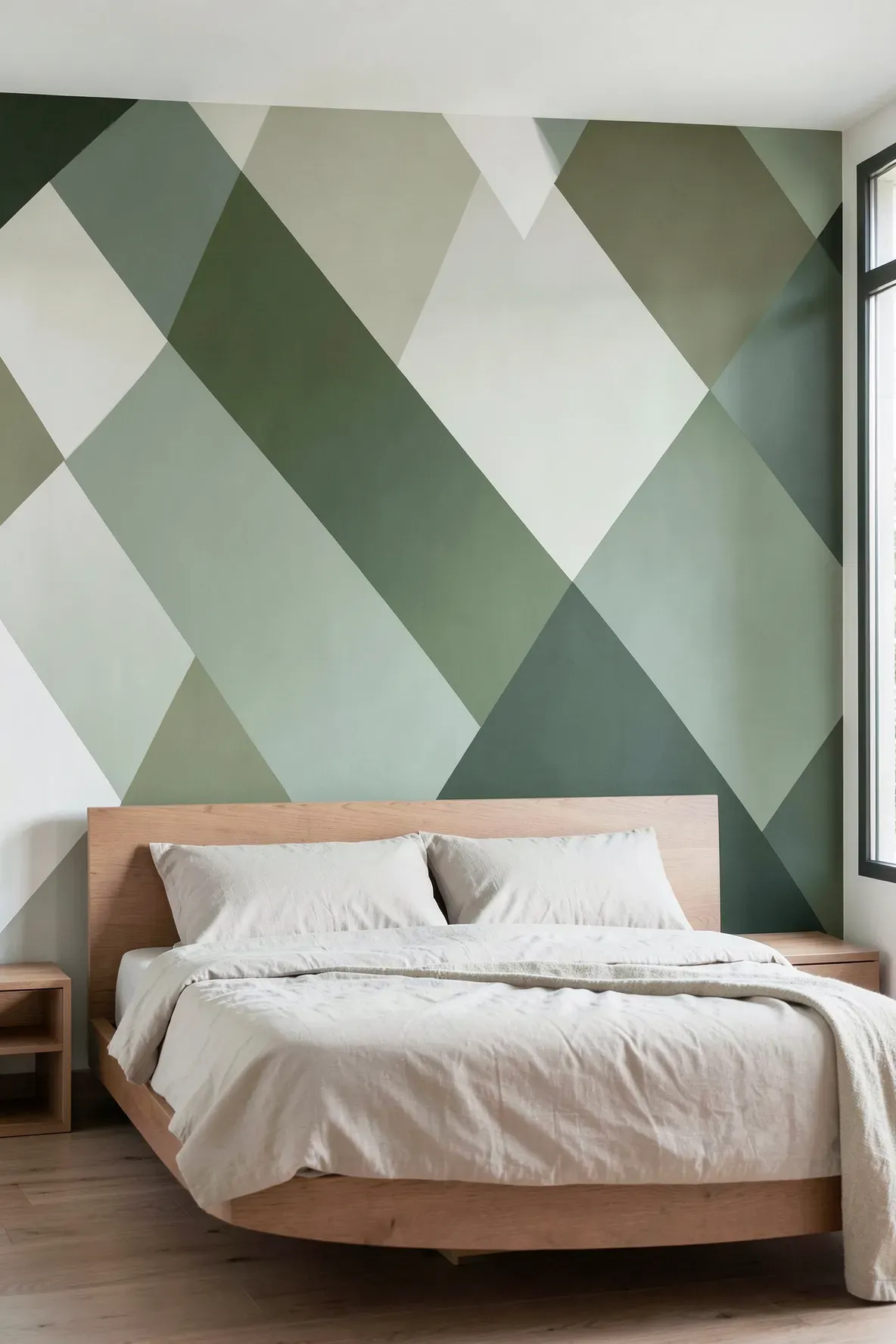 A bedroom accent wall with a large geometric mural painted in shades of sage, olive, and forest green.