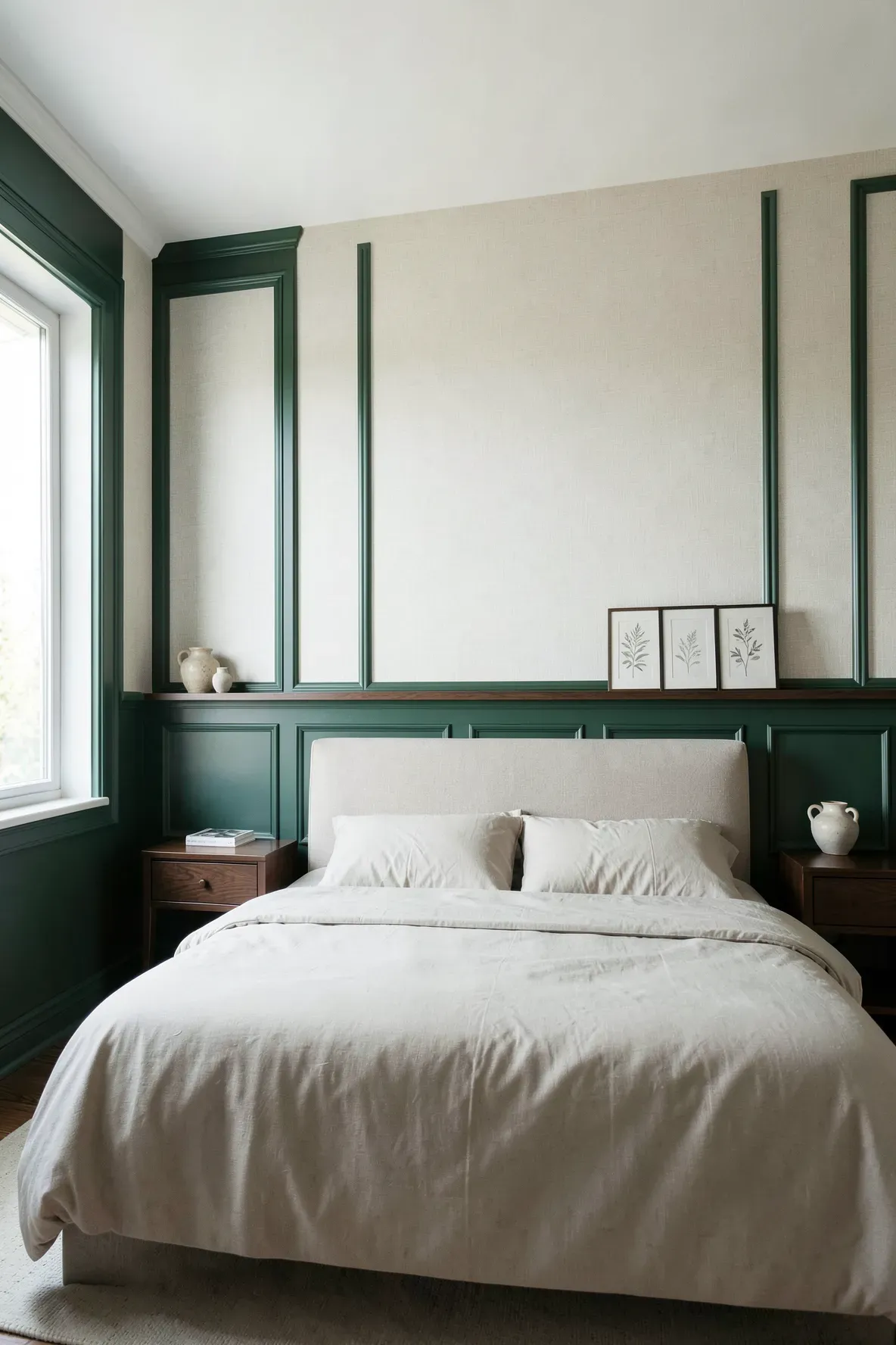 A bedroom featuring a deep green half-wall with wooden panelling and cream linen wallpaper above.