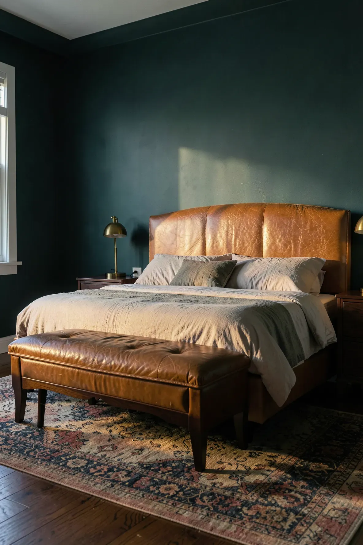 A dark teal-green bedroom wall behind a rich cognac leather headboard with warm wood accents.