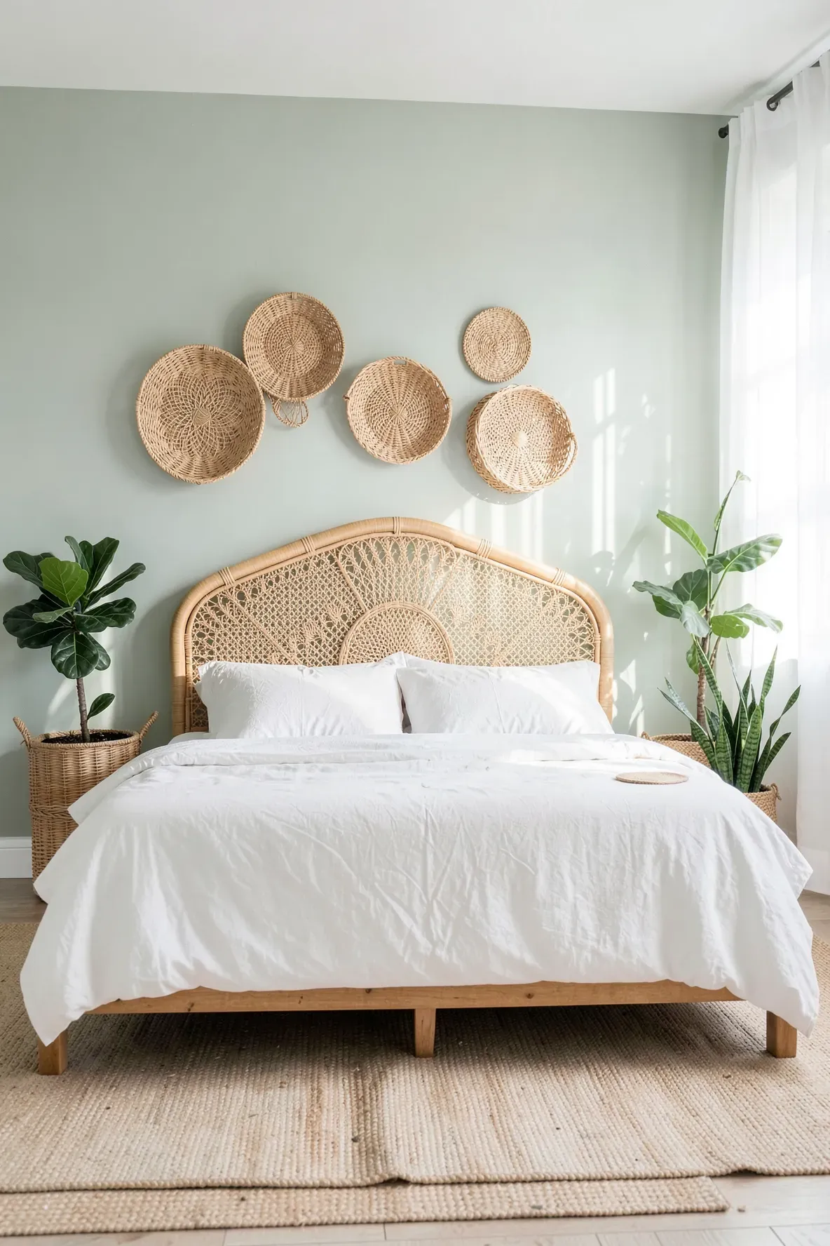 A light sage green bedroom wall decorated with a rattan headboard and woven wicker baskets.