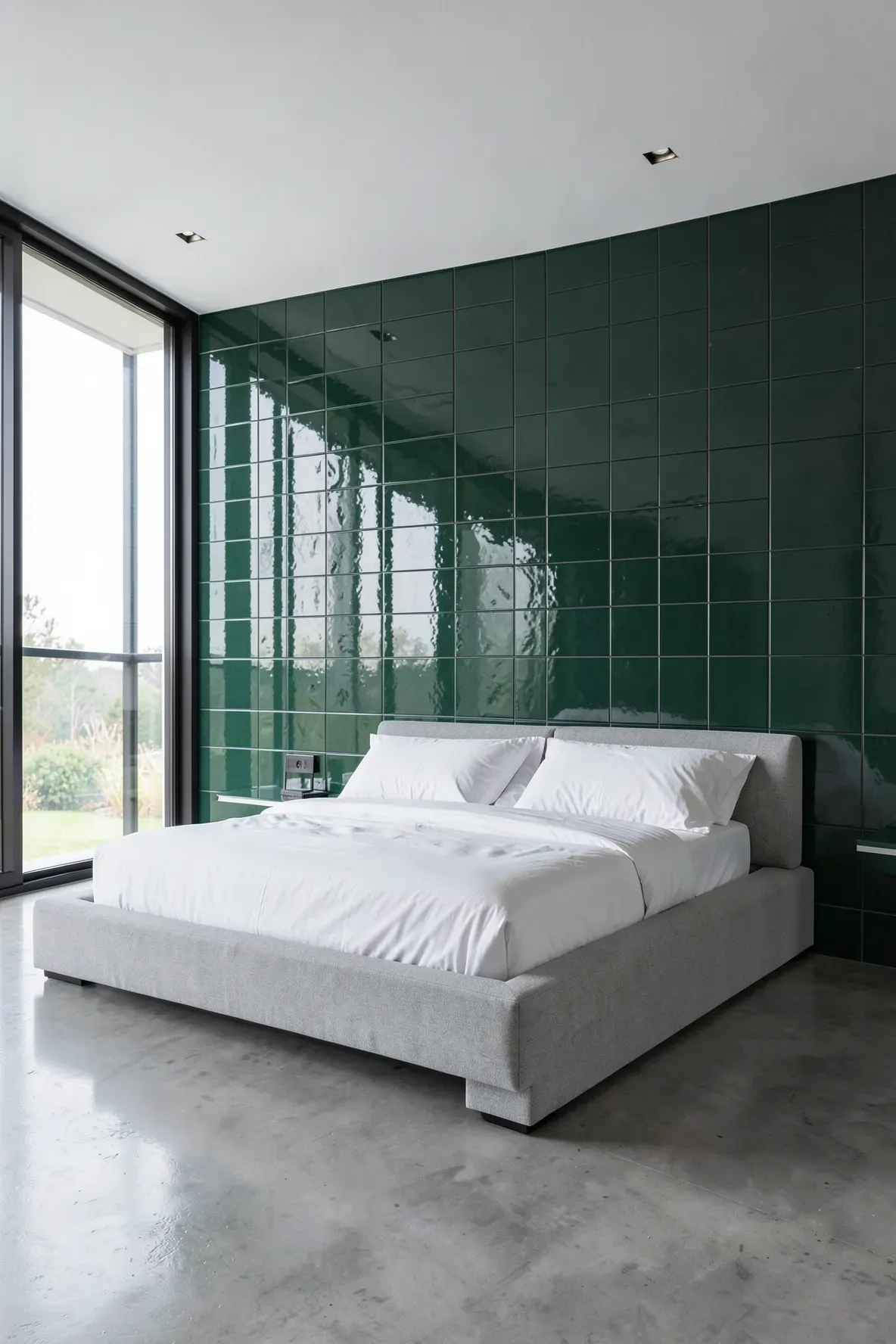 A modern bedroom with a feature wall of large, glossy forest green tiles reflecting soft light.