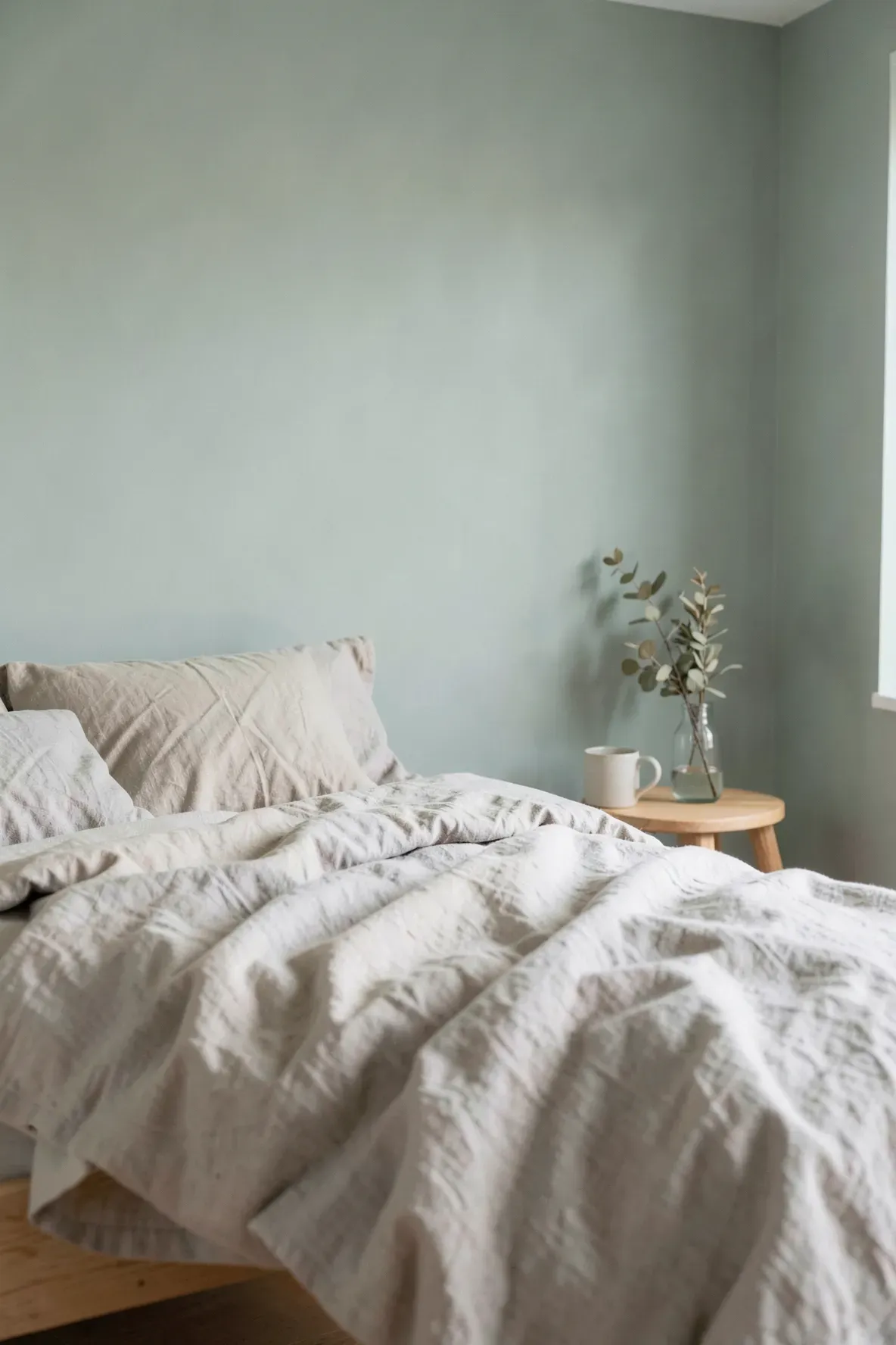 A peaceful bedroom with soft eucalyptus green walls and rumpled oatmeal-colored linen bedding.